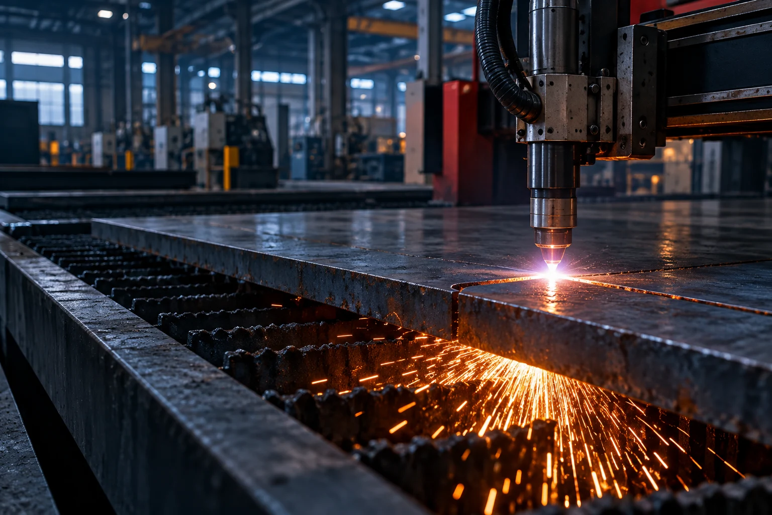 Industrial cutting equipment working through a metal plate
